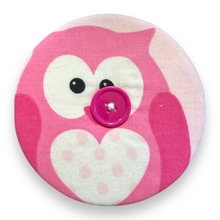 Load image into Gallery viewer, Upcycled double sided round padded playing card holder for kids or adults PINK OWL