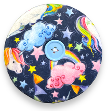 Load image into Gallery viewer, Upcycled double sided round padded playing card holder for kids or adults UNICORNS