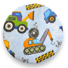 Load image into Gallery viewer, Upcycled double sided round padded playing card holder for kids or adults DIGGERS