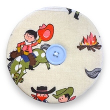 Load image into Gallery viewer, Upcycled double sided round padded playing card holder for kids or adults COWBOYS