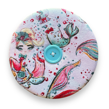 Load image into Gallery viewer, Upcycled double sided round padded playing card holder for kids or adults MERMAID HEARTS