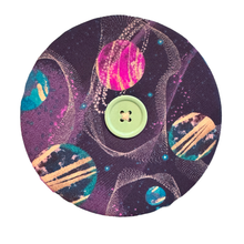 Load image into Gallery viewer, Upcycled double sided round padded playing card holder for kids or adults PURPLE PLANETS