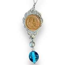 Load image into Gallery viewer, Stunning upcycled repurposed silver plated & 1c coin pendant necklace made from vintage spoon
