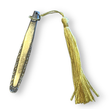 Load image into Gallery viewer, Gorgeous stainless steel bookmark with golden tassel made from vintage cutlery
