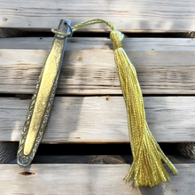 Load image into Gallery viewer, Gorgeous stainless steel bookmark with golden tassel made from vintage cutlery
