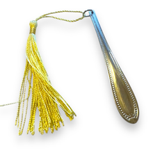 Load image into Gallery viewer, Gorgeous stainless steel bookmark with lemon tassel made from vintage cutlery