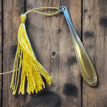 Load image into Gallery viewer, Gorgeous stainless steel bookmark with lemon tassel made from vintage cutlery