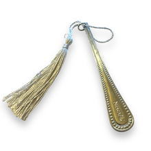 Load image into Gallery viewer, Gorgeous stainless steel NESCAFE bookmark with silver tassel made from vintage cutlery
