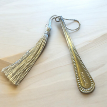 Load image into Gallery viewer, Gorgeous stainless steel NESCAFE bookmark with silver tassel made from vintage cutlery