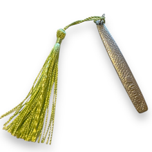 Load image into Gallery viewer, Gorgeous stainless steel UNITED bookmark with green tassel made from vintage cutlery