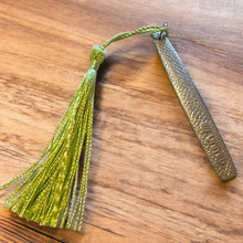 Load image into Gallery viewer, Gorgeous stainless steel UNITED bookmark with green tassel made from vintage cutlery