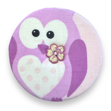 Load image into Gallery viewer, Upcycled double sided round padded playing card holder for kids or adults PURPLE OWL