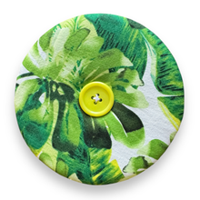 Load image into Gallery viewer, Upcycled double sided round padded playing card holder for kids or adults MONSTERA FLOWERS