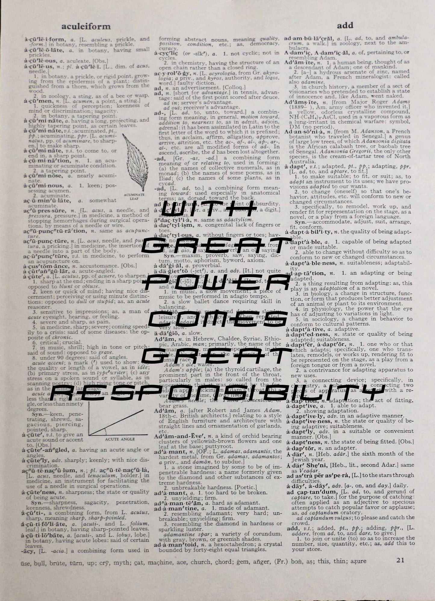 With Great Power inspirational quote personalised customisable vintage dictionary print