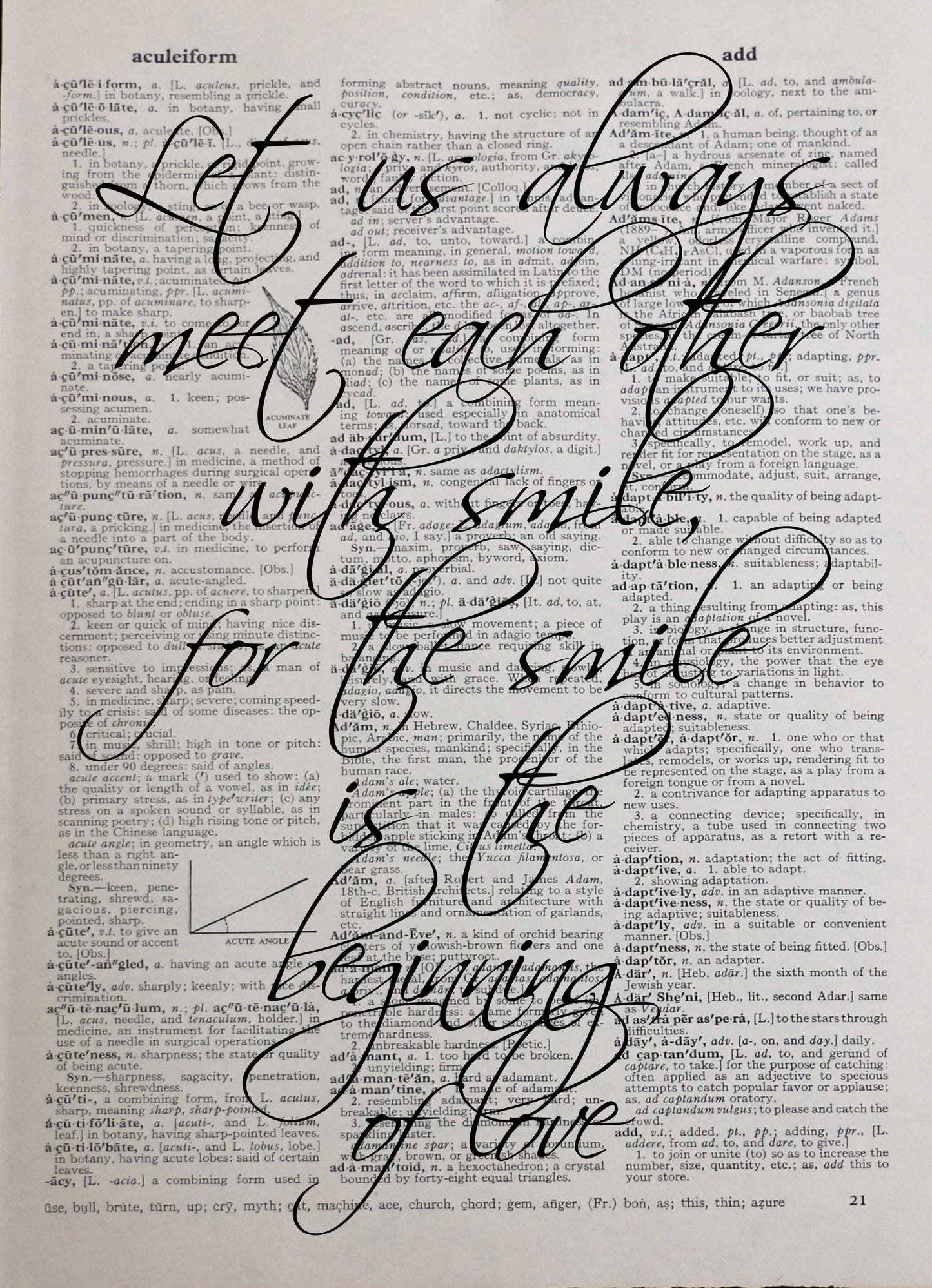 Smiles & Love inspirational quote personalised customisable vintage dictionary print
