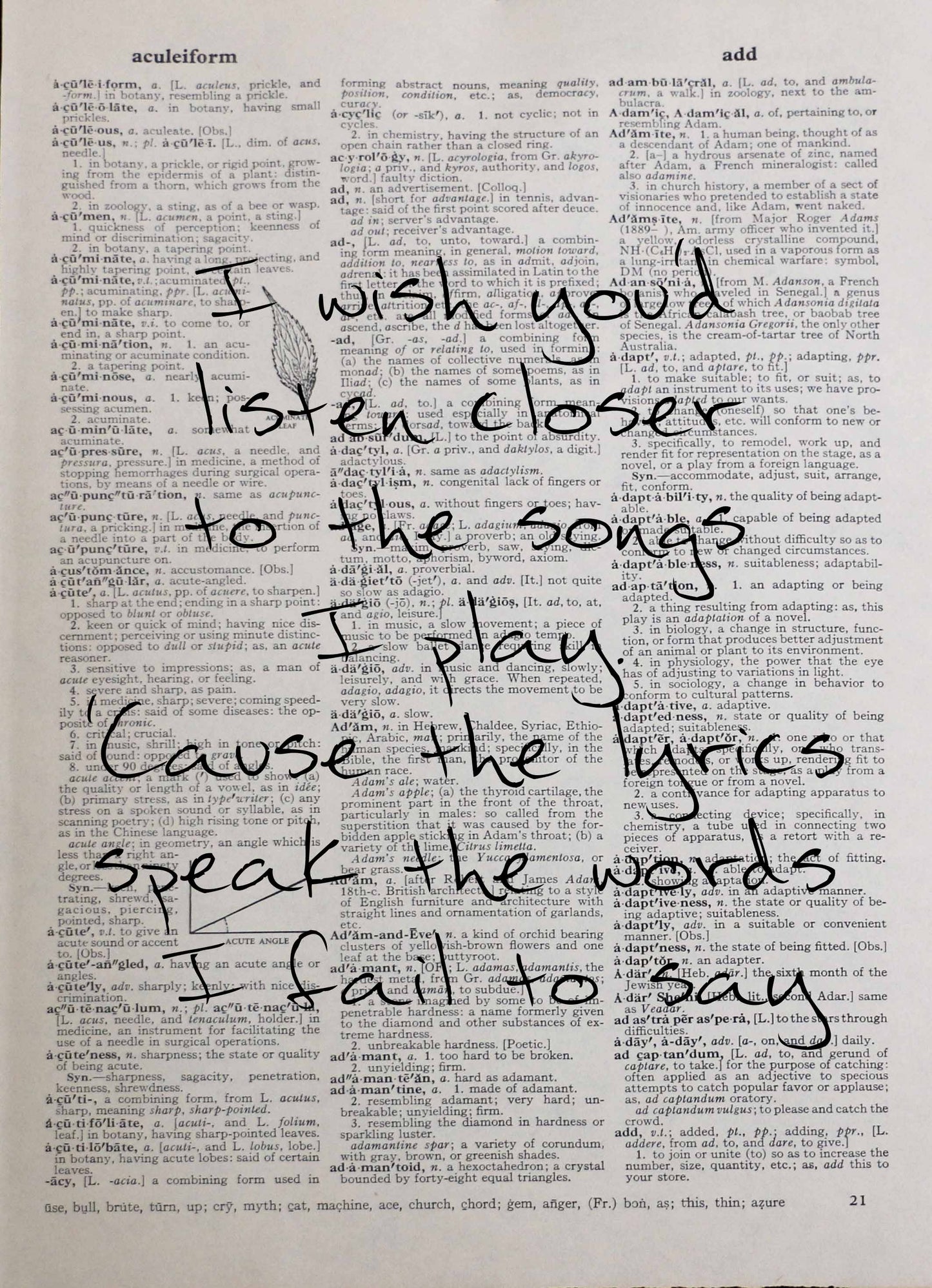 Music romance quote song lyrics personalised customisable vintage dictionary print