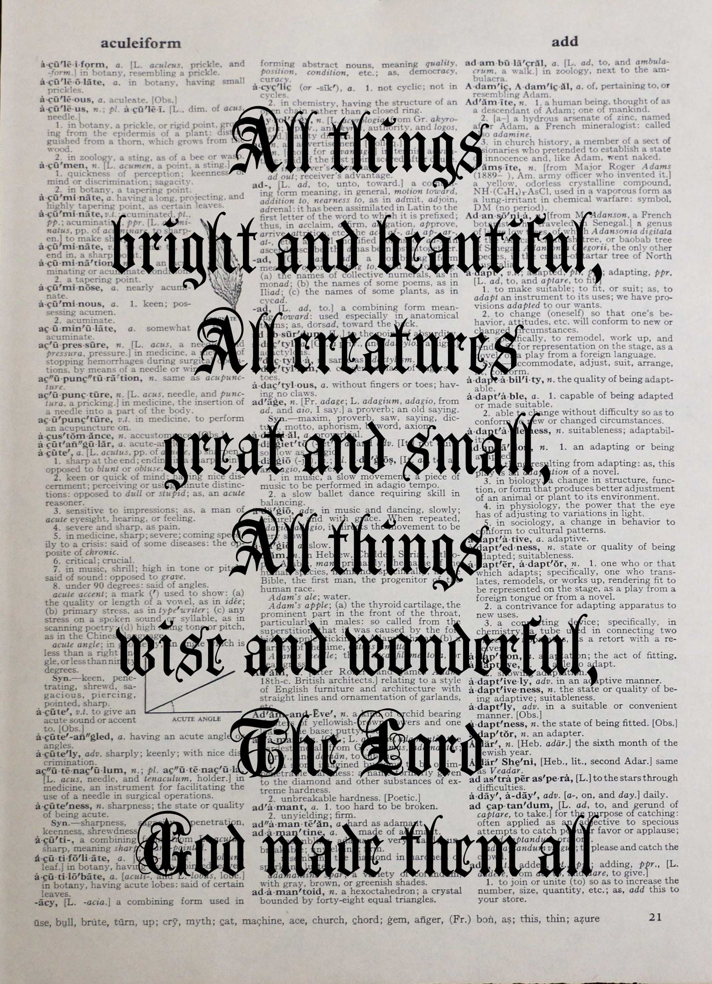 ALL THINGS BRIGHT AND BEAUTIFUL hymn personalised customisable inspirational quote vintage dictionary print