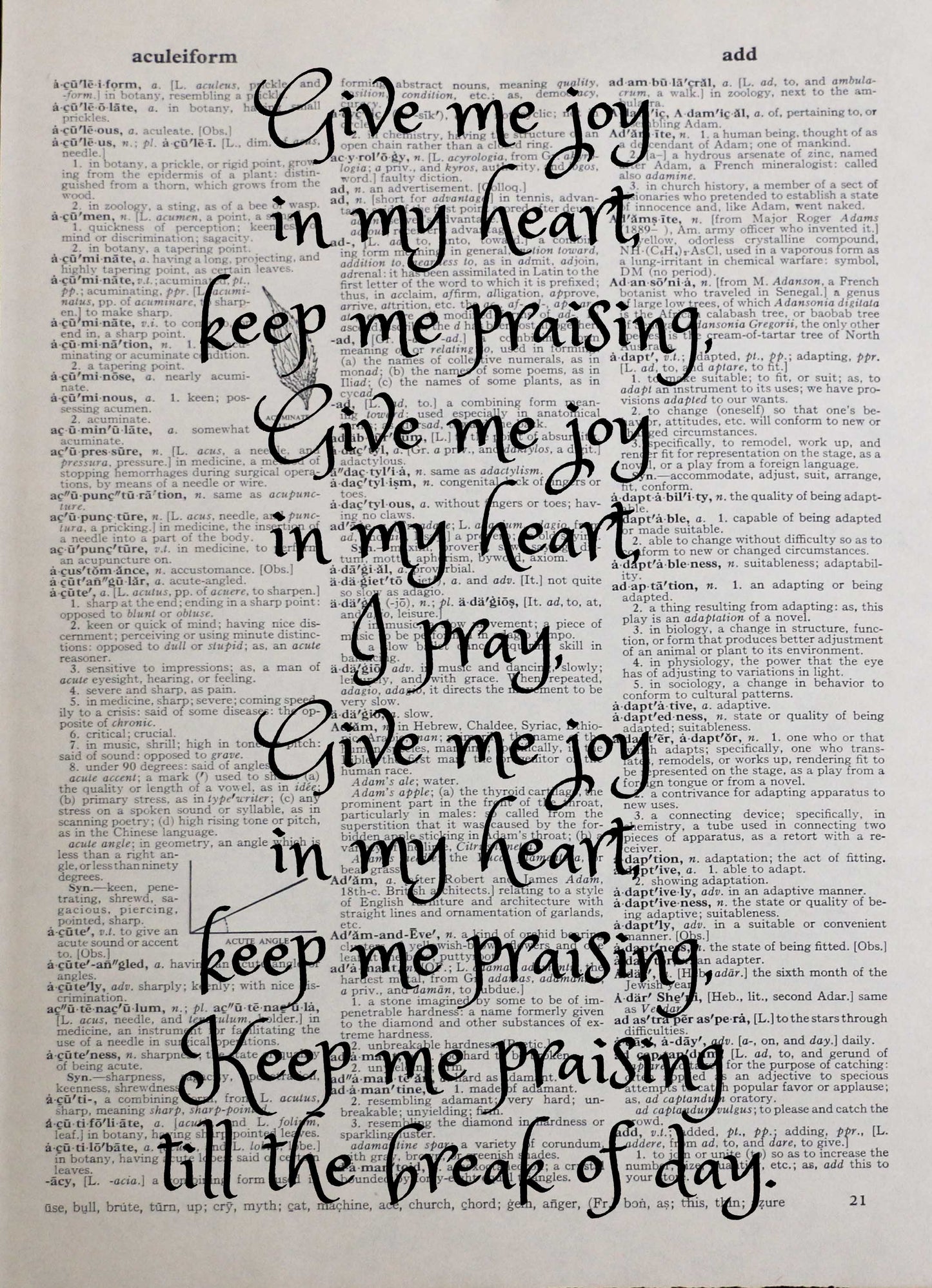 GIVE ME JOY IN MY HEART wedding personalised customisable inspirational quote vintage dictionary print
