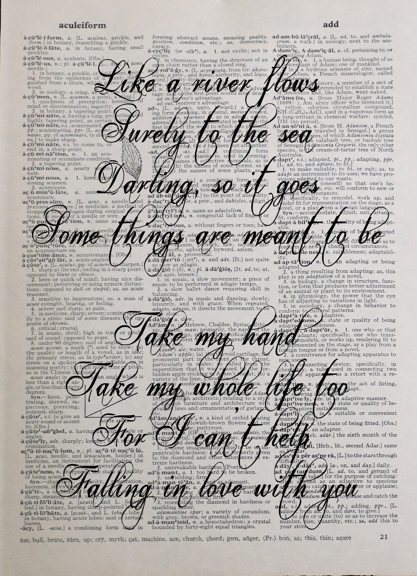 ELVIS Falling In Love With You personalised customisable song lyrics vintage dictionary print
