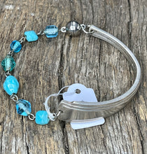 Load image into Gallery viewer, Upcycled pretty repurposed silver plated bracelet L with blue glass beads made from vintage cutlery