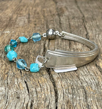 Load image into Gallery viewer, Upcycled pretty repurposed silver plated bracelet L with blue glass beads made from vintage cutlery
