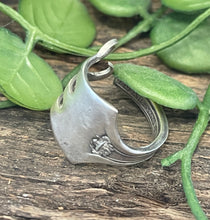 Load image into Gallery viewer, Fab steampunk upcycled repurposed silver-plated ring made from vintage cutlery M Size O 1/2 -P approx