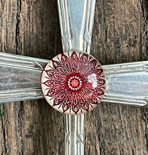 Load image into Gallery viewer, Beautiful crucifix cross hanging ornament made from upcycled silver plated cutlery & glass cabouchon