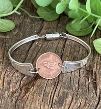 Load image into Gallery viewer, Upcycled S pretty repurposed silver-plated 1943 farthing coin bracelet made from vintage cutlery