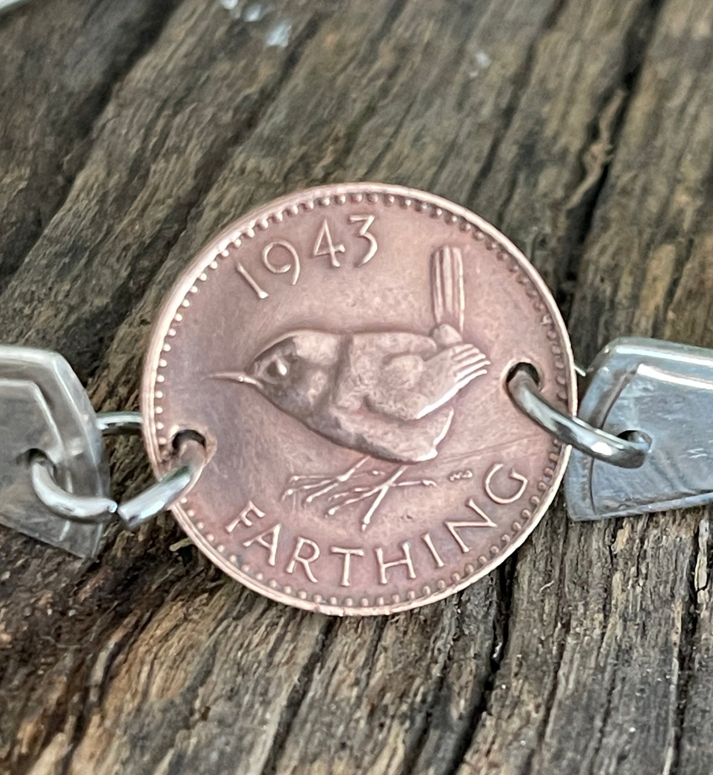 Upcycled S pretty repurposed silver-plated 1943 farthing coin bracelet made from vintage cutlery