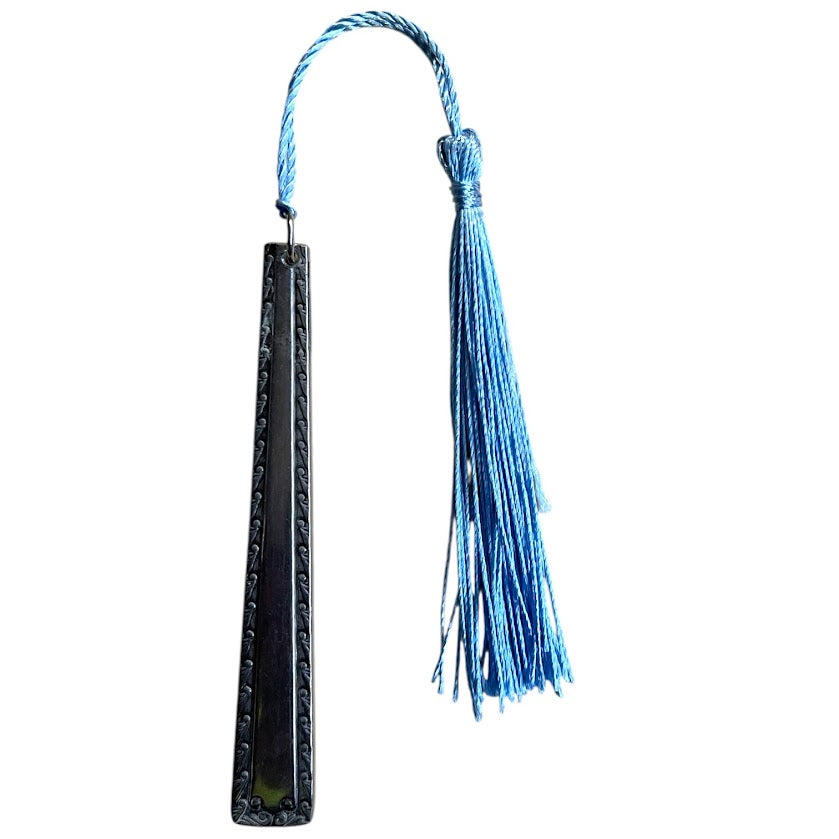 Gorgeous bookmark with blue tassel made from upcycled vintage cutlery