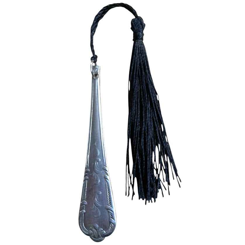 Gorgeous bookmark with black tassel made from upcycled vintage cutlery