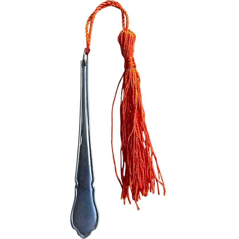 Gorgeous bookmark with orange tassel made from upcycled vintage cutlery
