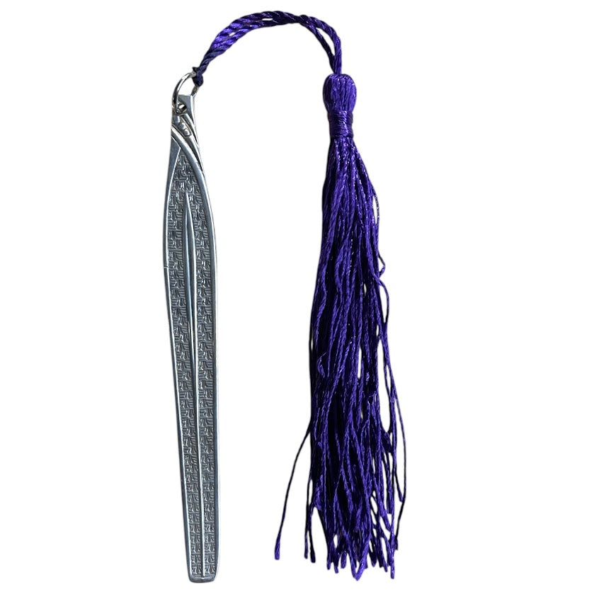 Gorgeous bookmark with purple tassel made from upcycled vintage cutlery