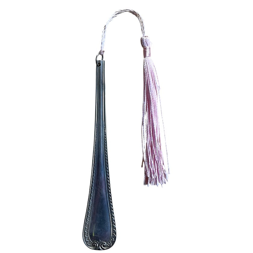 Gorgeous bookmark with pink tassel made from upcycled vintage cutlery