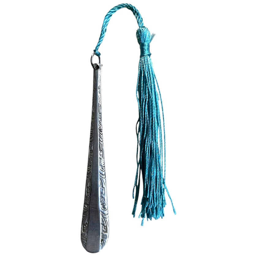 Gorgeous bookmark with blue tassel made from upcycled vintage cutlery
