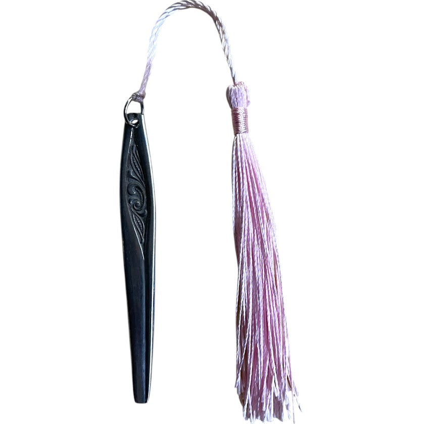 Gorgeous bookmark with pink tassel made from upcycled vintage cutlery