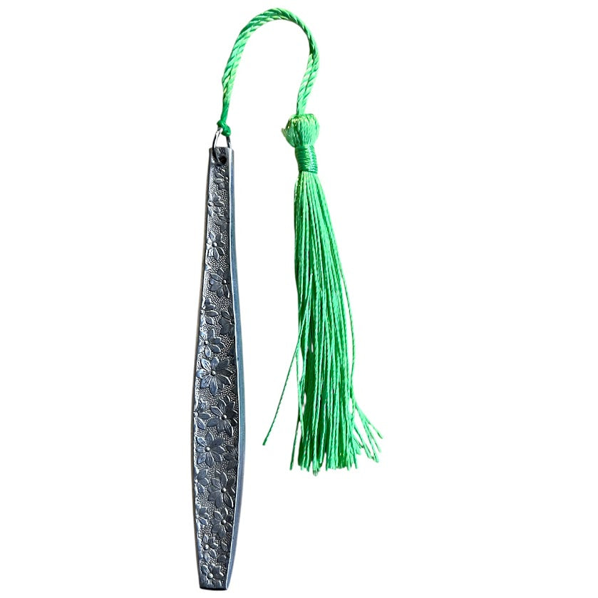 Gorgeous bookmark with green tassel made from upcycled vintage cutlery