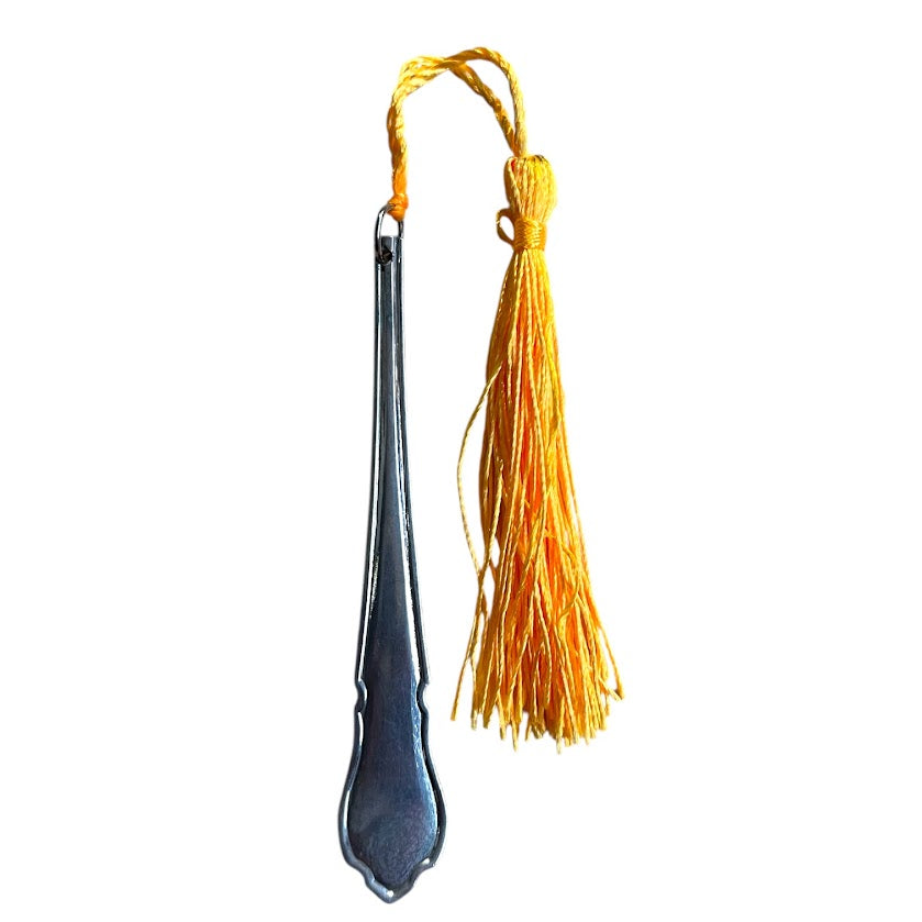 Gorgeous bookmark with golden tassel made from upcycled vintage cutlery
