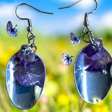 Load image into Gallery viewer, Upcycled repurposed beautiful vintage spoon and amathyst chip earrings
