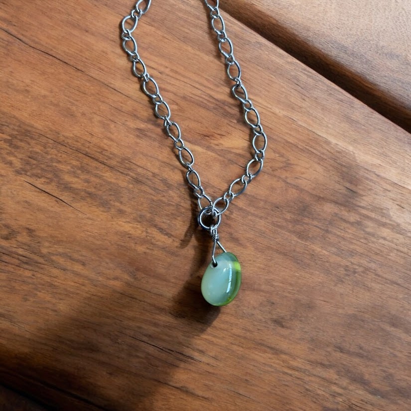 Beautiful upcycled repurposed vintage green glas bead and chain pendant