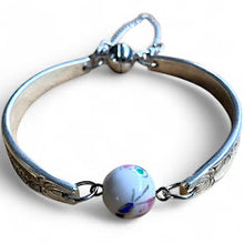 Load image into Gallery viewer, Upcycled pretty repurposed silver-plated bracelet with beautiful ceramic bead made from vintage cutlery
