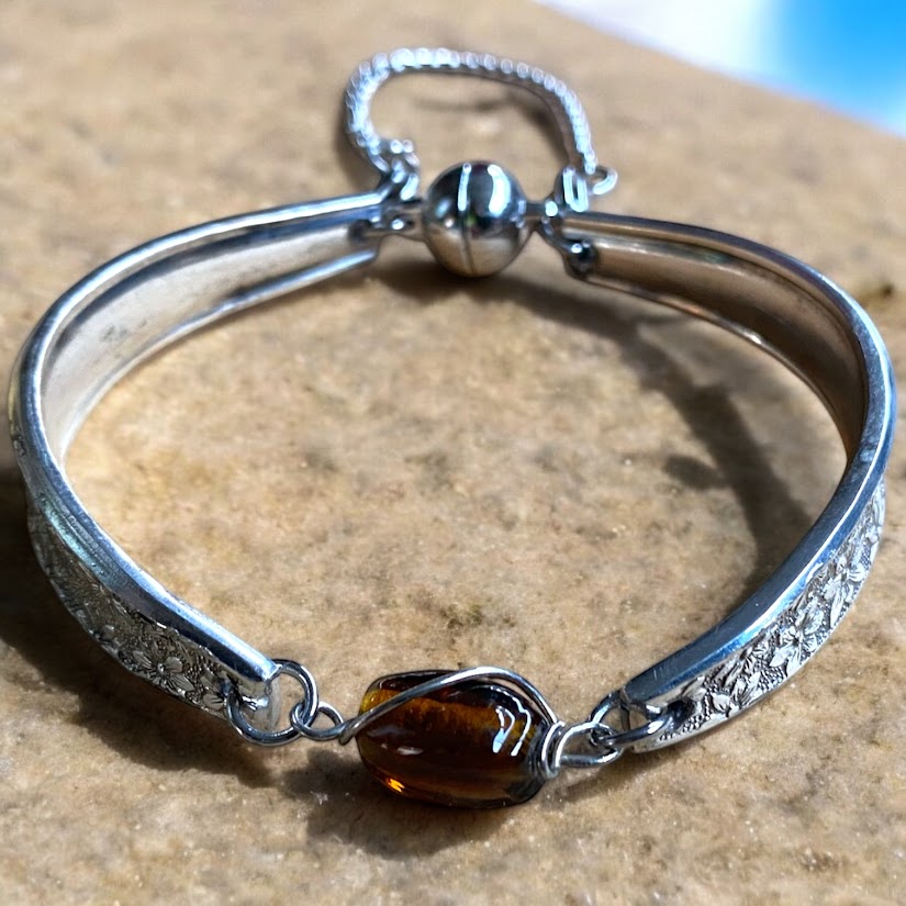 Upcycled pretty repurposed silver-plated bracelet with beautiful  glass bead made from vintage cutlery