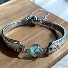 Load image into Gallery viewer, Upcycled pretty repurposed silver-plated bracelet with beautiful  glass bead made from vintage cutlery
