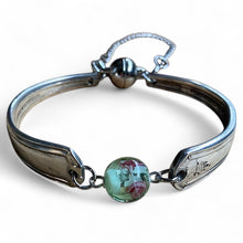 Load image into Gallery viewer, Upcycled pretty repurposed silver-plated bracelet with beautiful  glass bead made from vintage cutlery
