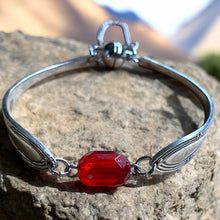 Load image into Gallery viewer, Upcycled pretty repurposed silver-plated bracelet with beautiful  glass bead made from vintage cutlery
