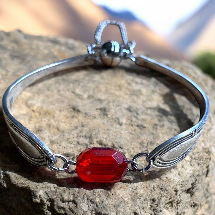 Upcycled pretty repurposed silver-plated bracelet with beautiful  glass bead made from vintage cutlery