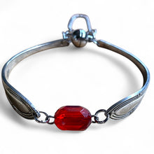 Load image into Gallery viewer, Upcycled pretty repurposed silver-plated bracelet with beautiful  glass bead made from vintage cutlery
