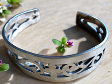 Load image into Gallery viewer, Upcycled and repurposed silver plated pierced cuff bracelet
