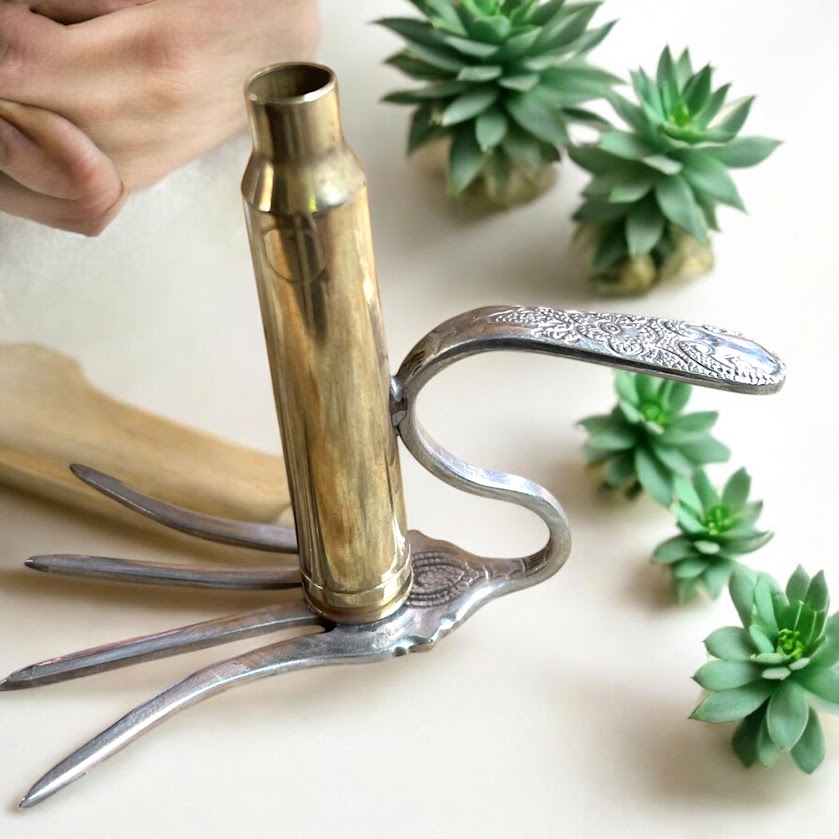 Beautiful upcycled silver plated Victorian era steampunk style bud vase handmade from vintage cutlery