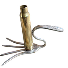 Load image into Gallery viewer, Beautiful upcycled silver plated Victorian era steampunk style bud vase handmade from vintage cutlery
